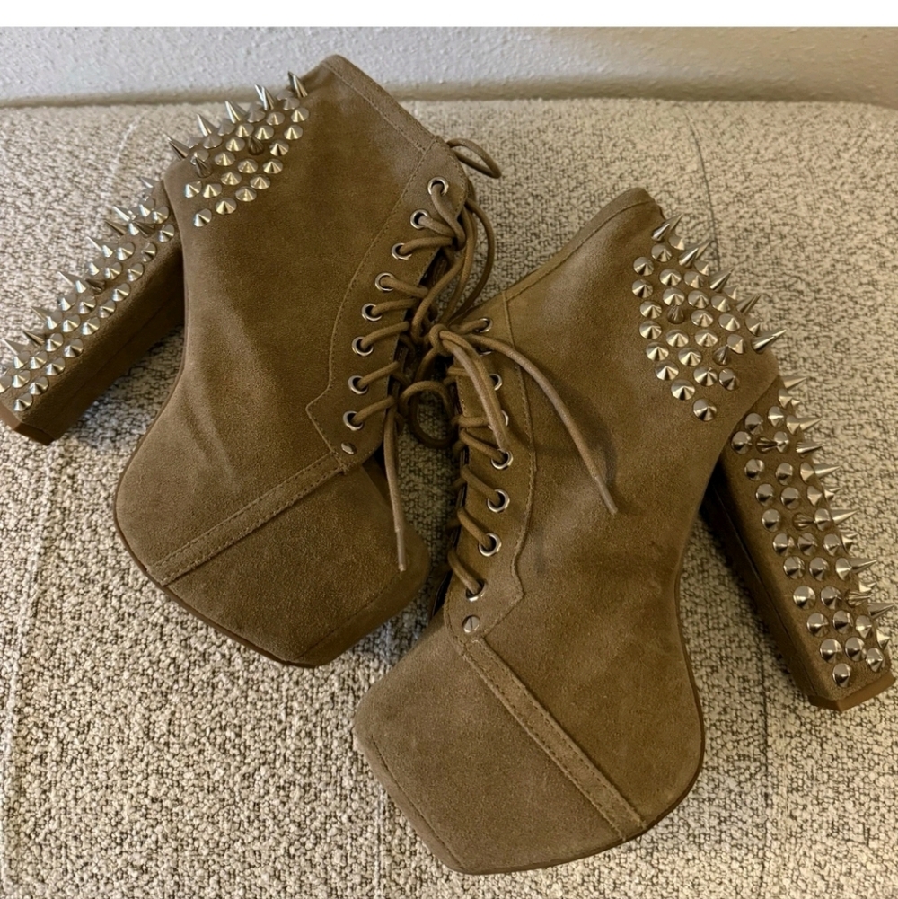 Jeffrey Campbell Lita Suede Tan Silver Spike Booties 6